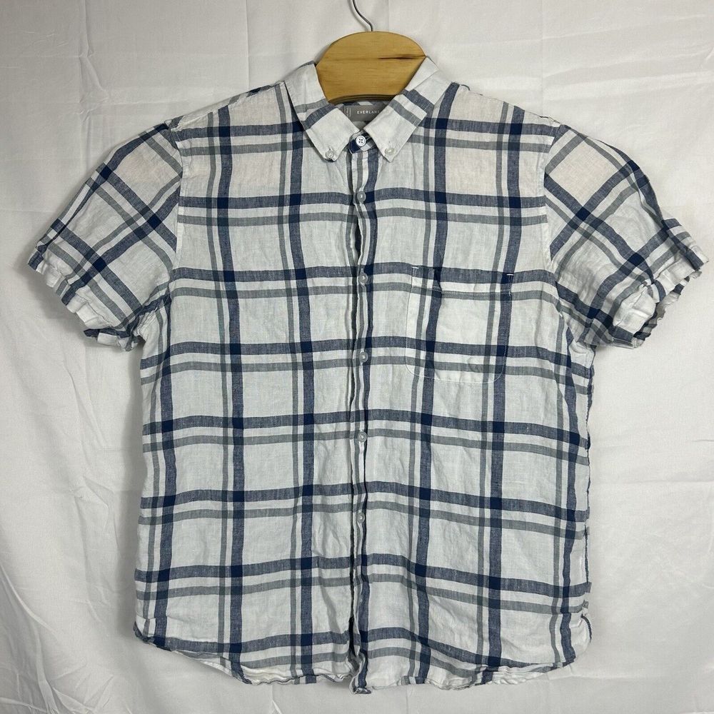 Everlane Blue White 100% Linen Striped Button Short Sleeve‎ Shirt L Large